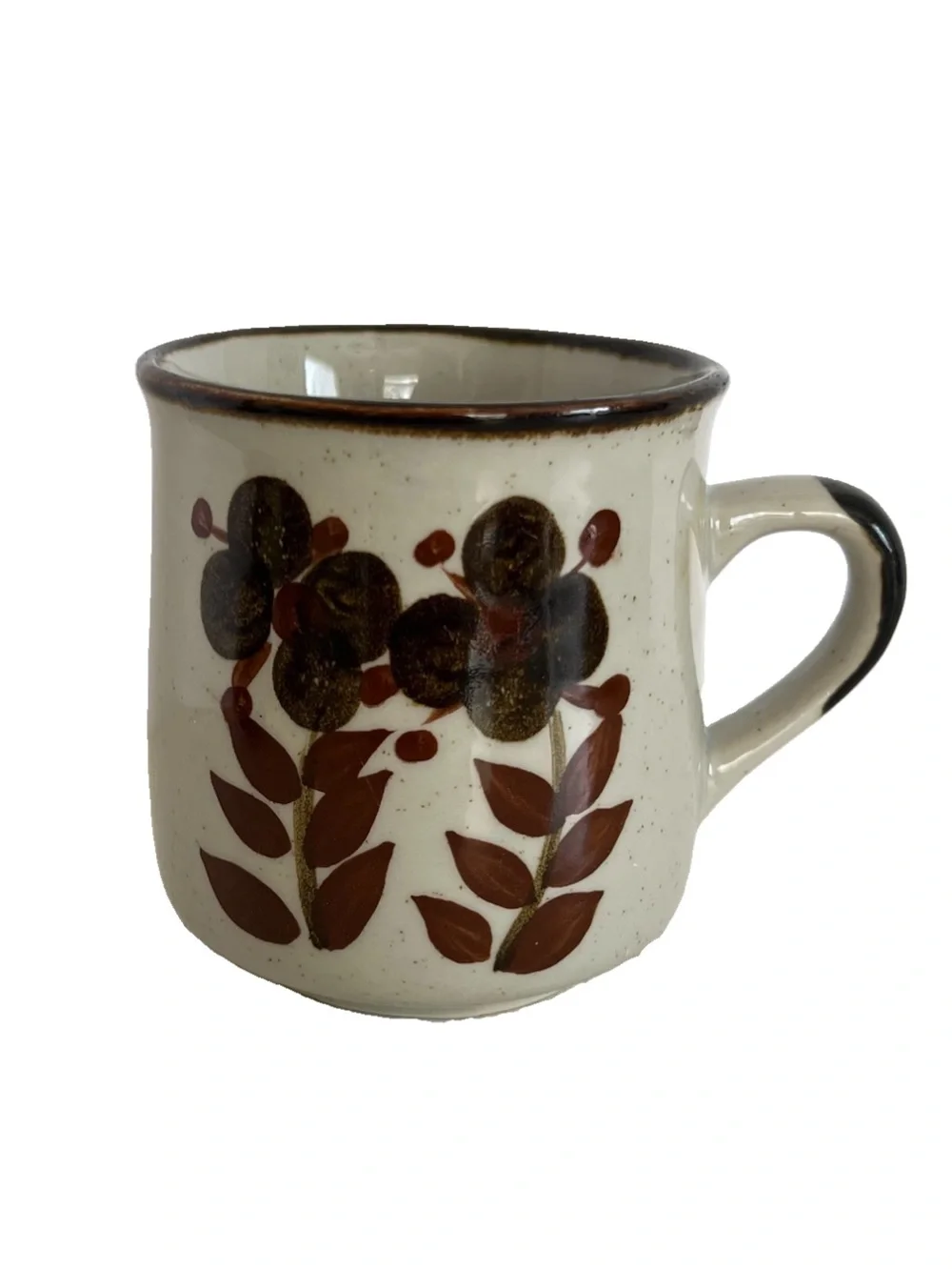 Vintage 1970’s Stoneware Hand Painted Cup Brown Floral Design Coffee Mug 12oz